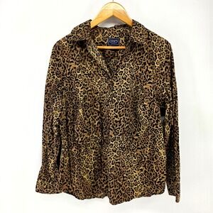 Chaps Classics Button Down Shirt Womens 1X Brown Leopard Print Animal Long Slv